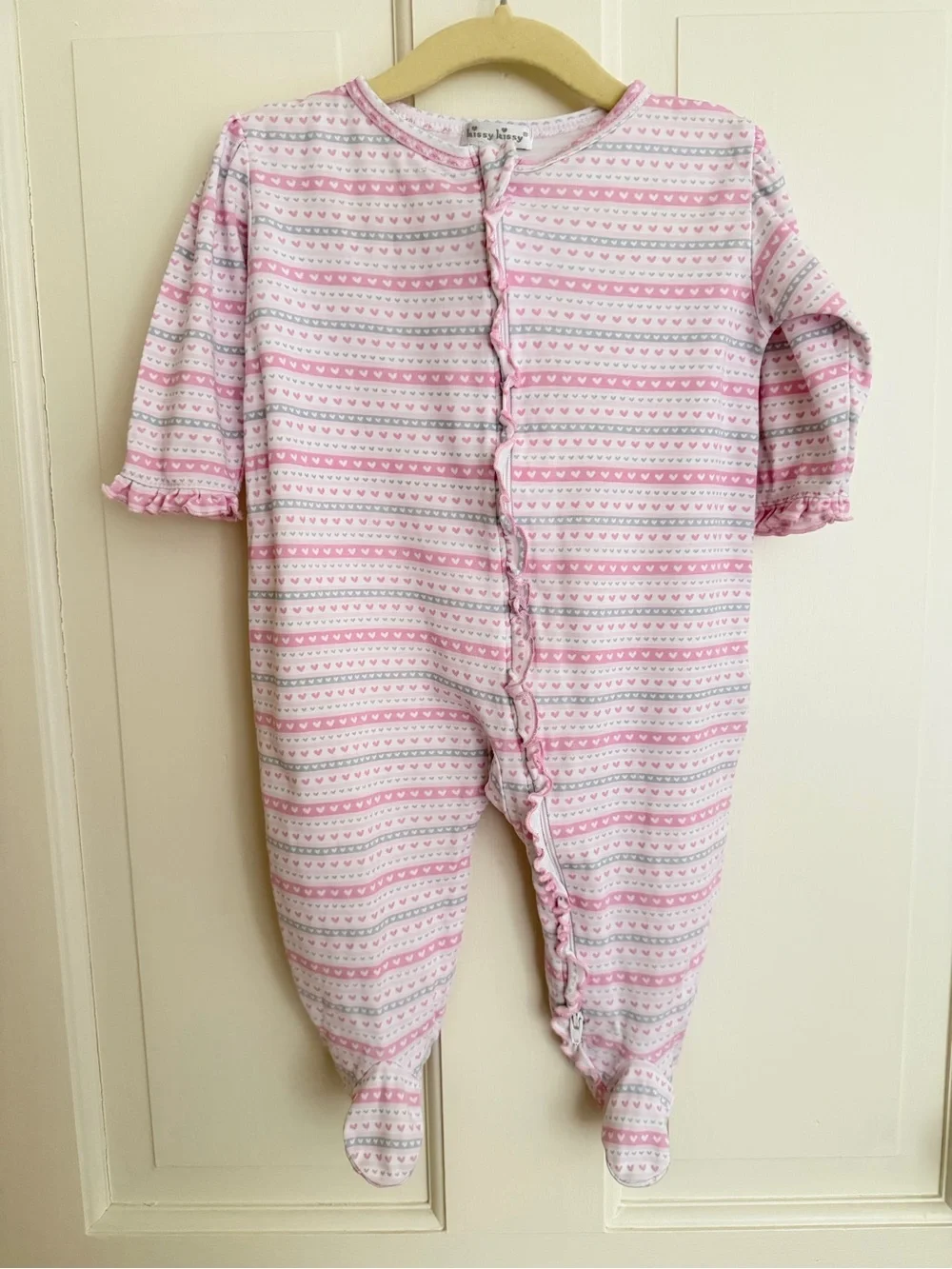 Kissy Kissy Pink & White Heart Stripe Ruffled Footie Onesie